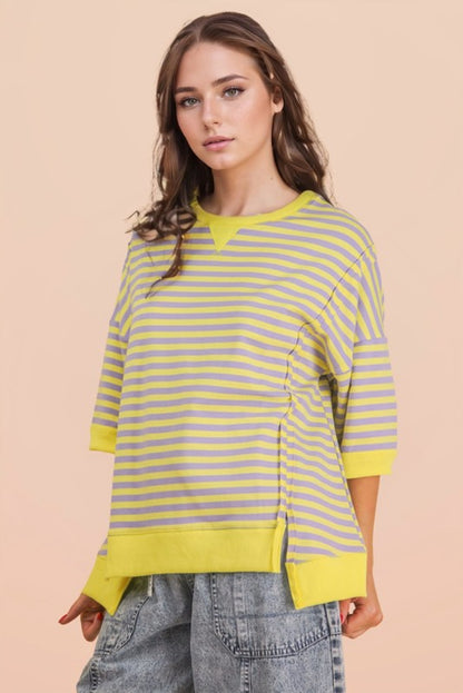 Oversized Stripe Casual Knit Top-Lavender/Lemon