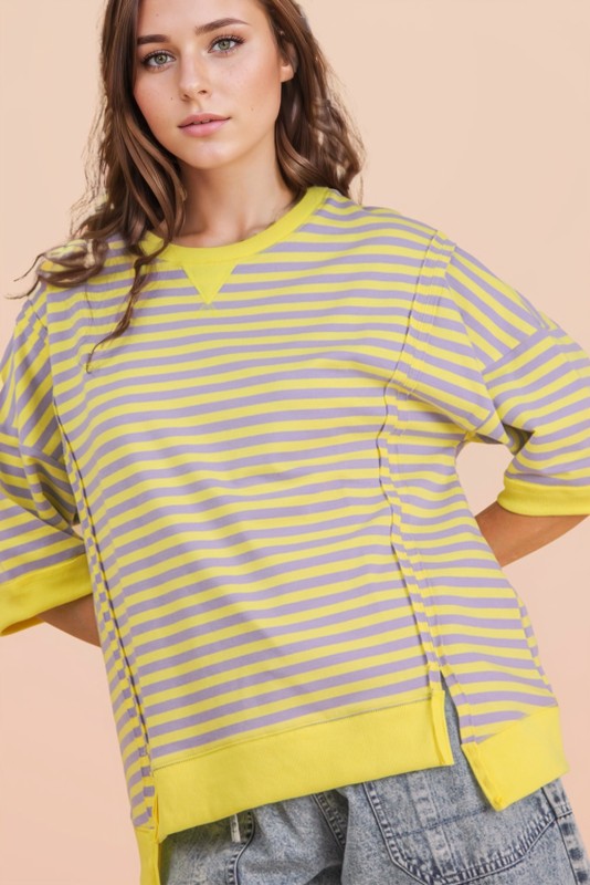Oversized Stripe Casual Knit Top-Lavender/Lemon
