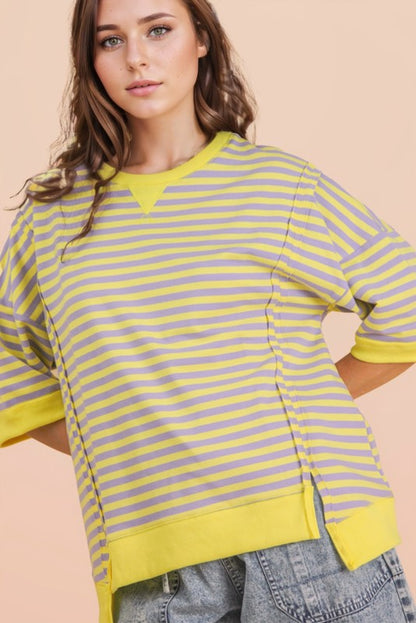Oversized Stripe Casual Knit Top-Lavender/Lemon