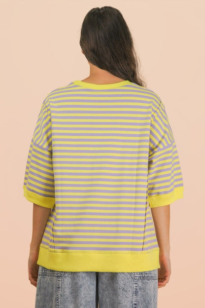 Oversized Stripe Casual Knit Top-Lavender/Lemon