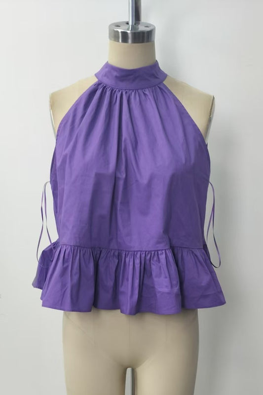 Halter Neck Gathered Peplum Top W/ Back Tie Detail