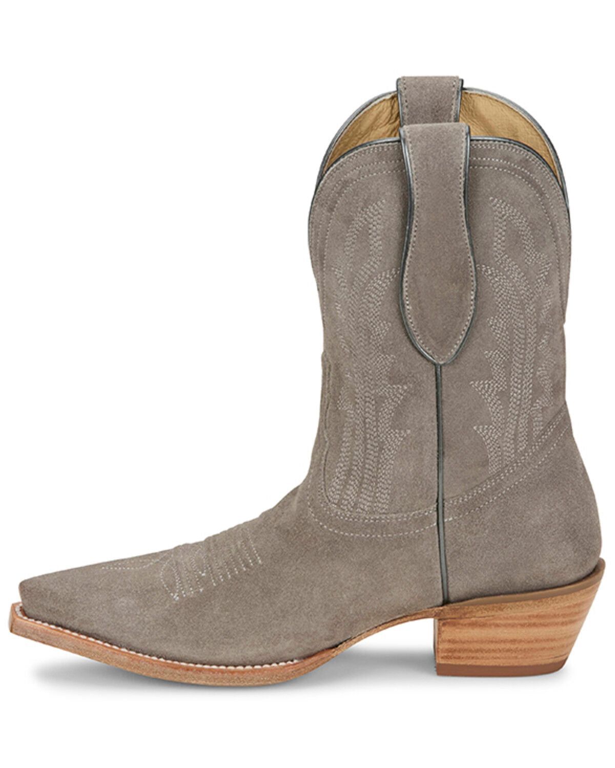 Gray suede western cowboy boot with embroidered details and stacked wooden heel