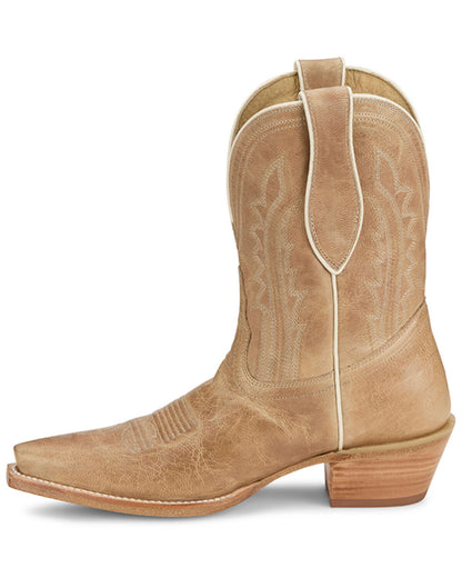 Tan leather cowboy boot with pointed toe, decorative stitching, and stacked heel