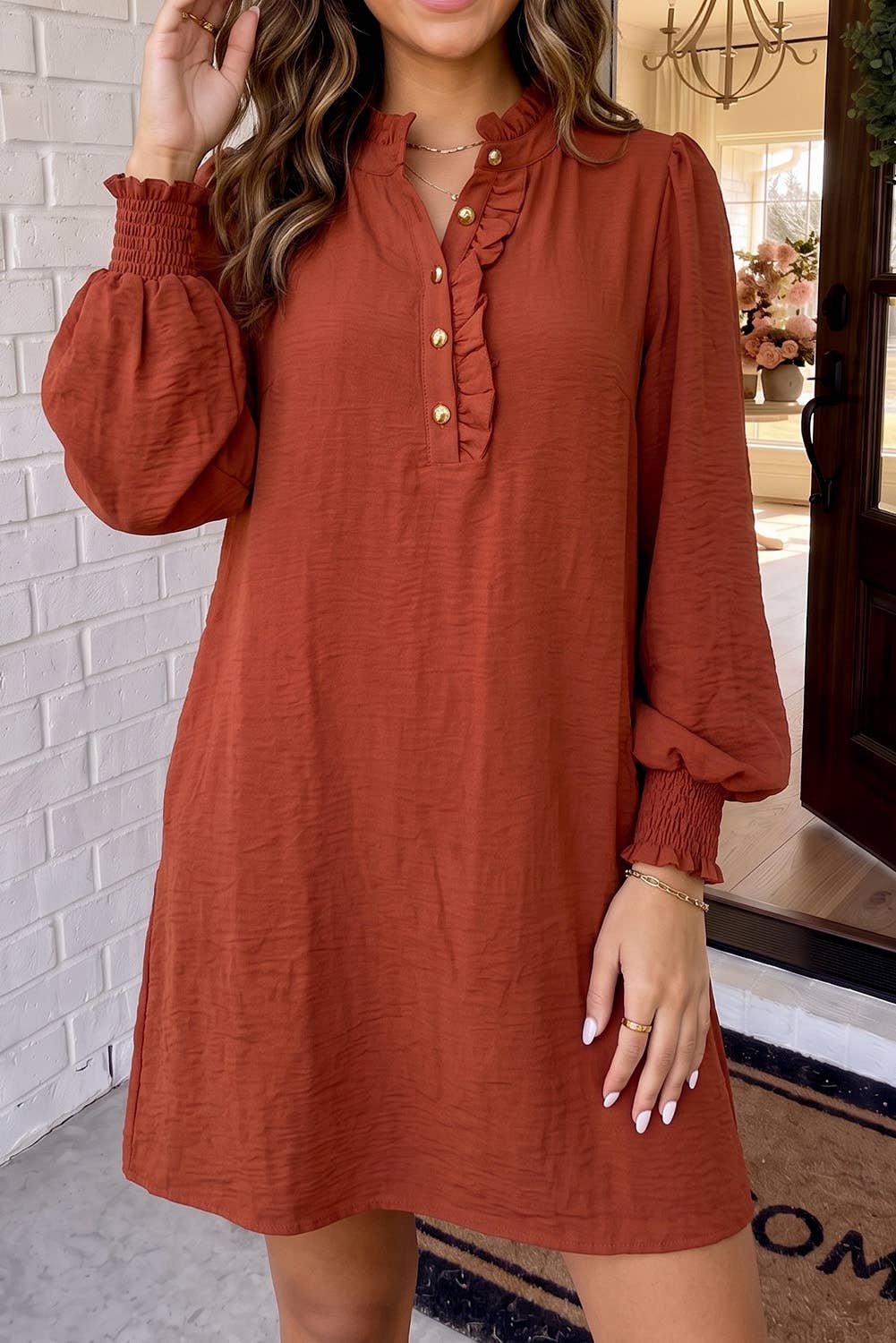 Solid Ruffle Trim Bubble Sleeve Shift Mini Dress