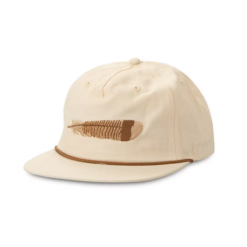 Beige cap with brown feather design on a white background