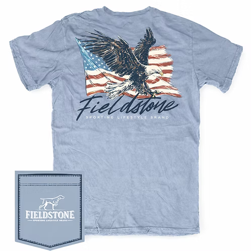 Blue t-shirt with eagle and American flag design, featuring Fieldstone brand logo.