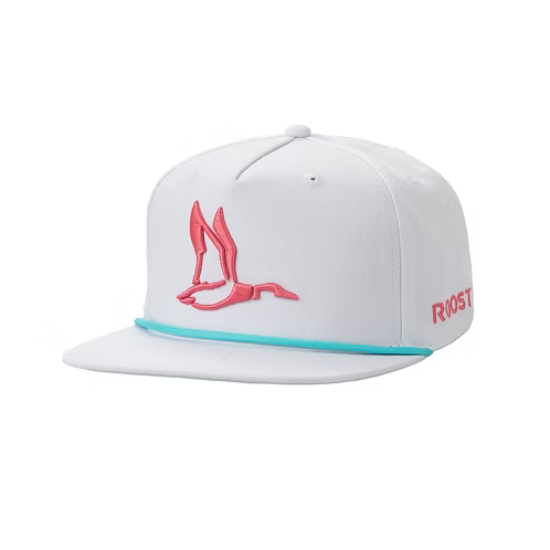 White cap with pink logo and text on a white background