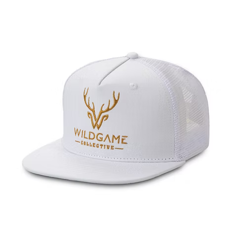 White cap with gold logo and text on a white background