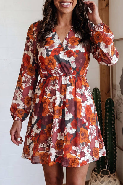 - Casual Floral Print Wrap V Neck Puff Sleeve Flowy Mini Dress