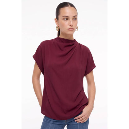 Naked Zebra - Mock Neck Draped Textured Satin Fall Blouse