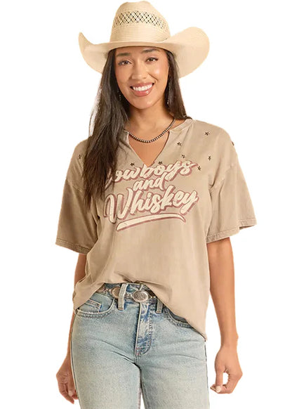 Women's Olive 'Cowboys & Whiskey' Graphic Print Star Accent Relaxed V-Neck Tee