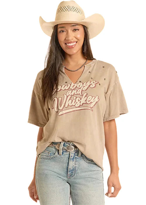 Women's Olive 'Cowboys & Whiskey' Graphic Print Star Accent Relaxed V-Neck Tee