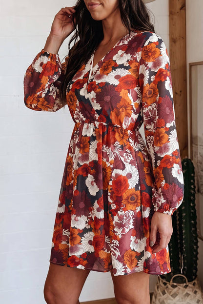 - Casual Floral Print Wrap V Neck Puff Sleeve Flowy Mini Dress