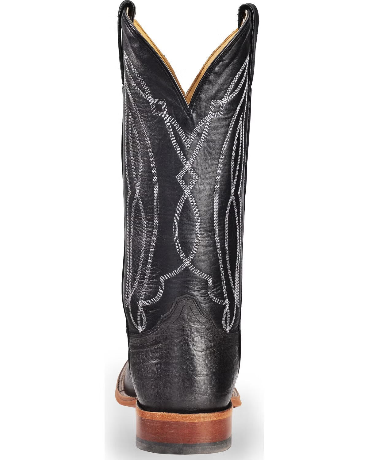 Black leather cowboy boot with white western stitching and brown sole, rear view