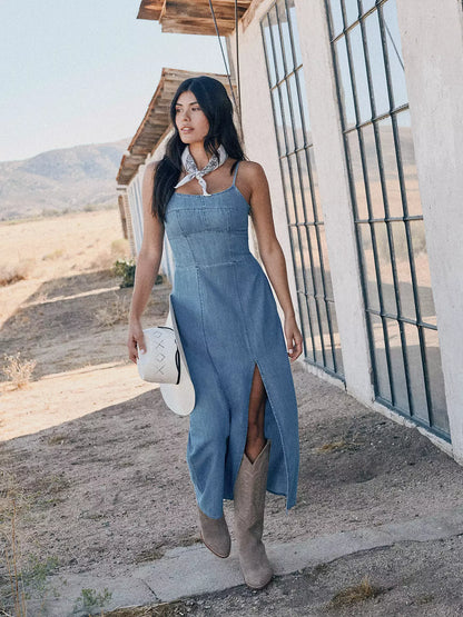 maxi denim dress jwpei Jendue Women's Sosa Denim Maxi Dress - Stylish Cutout Jean Dress