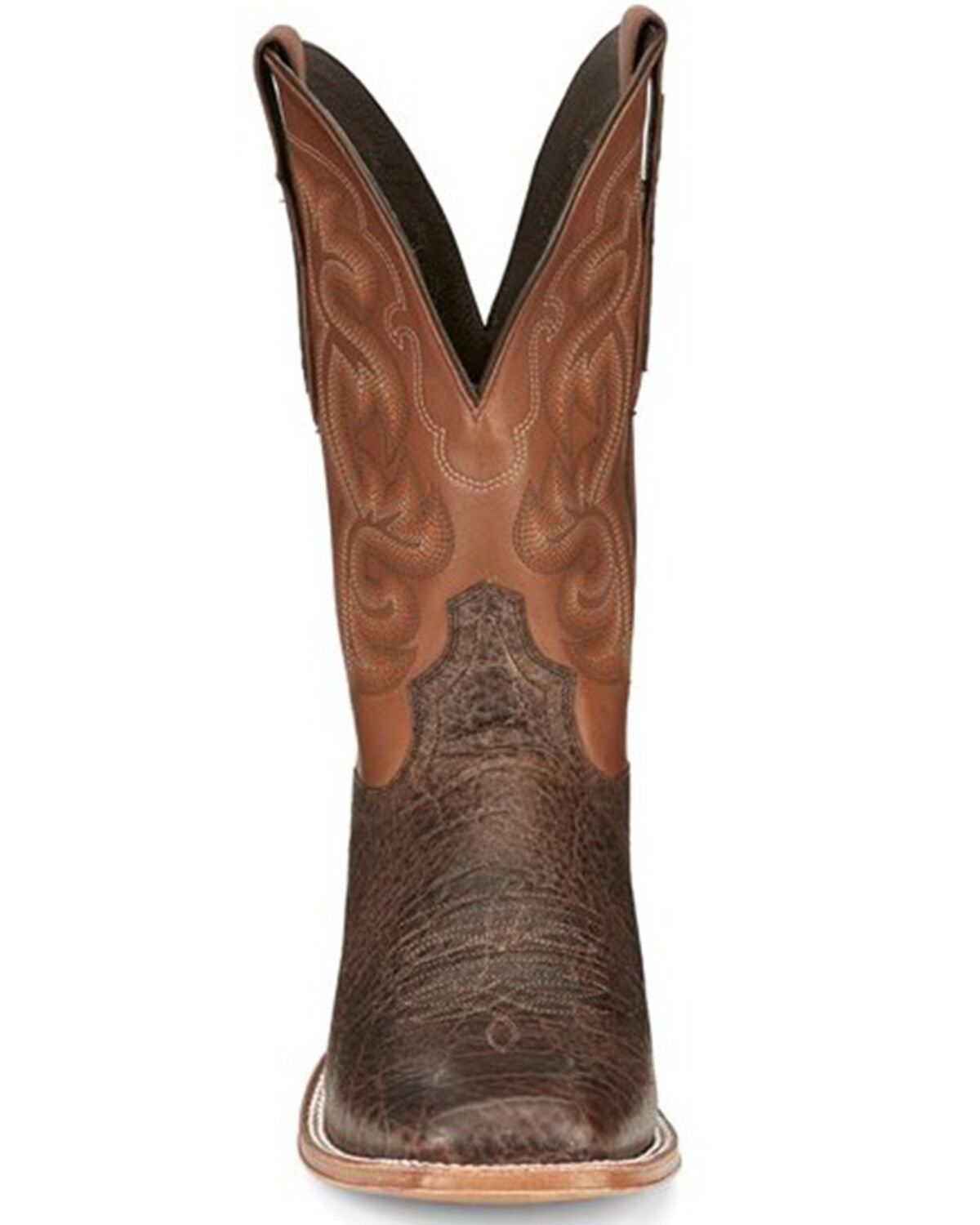 Front view of brown leather cowboy boot with detailed stitching