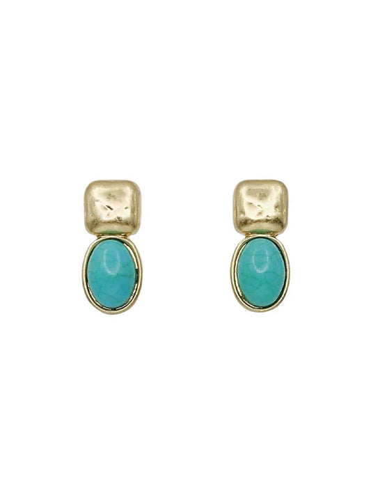 Pair of gold earrings with turquoise stones on a white background
