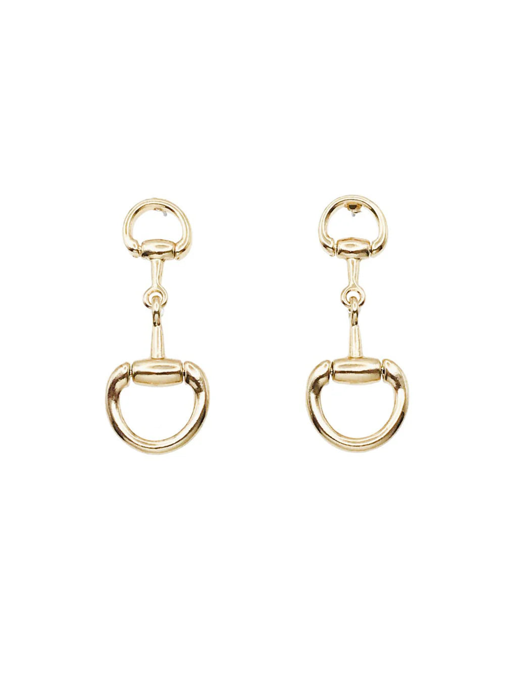 Gold equestrian stirrup earrings on a white background