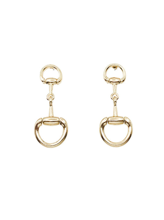 Gold equestrian stirrup earrings on a white background