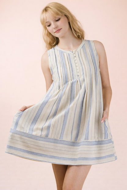 Striped Pintuck Detail Woven Mini Dress