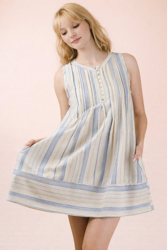 Striped Pintuck Detail Woven Mini Dress