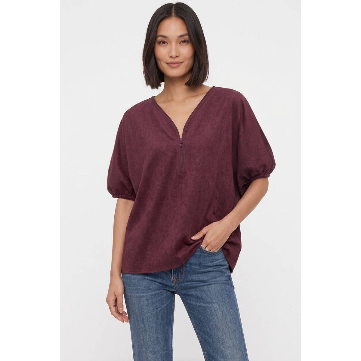Naked Zebra - Half Zip Soft Matte Dolman Sleeve Fall Blouse