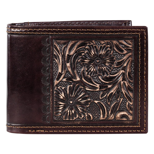 Brown leather wallet with intricate floral embossing on a white background