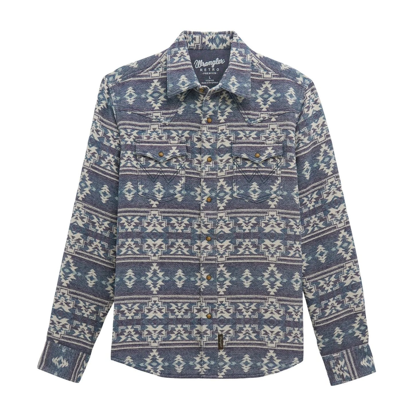 A long-sleeve button-up shirt by Wrangler featuring a blue, beige, and white geometric southwestern pattern, displayed on a clean white background.