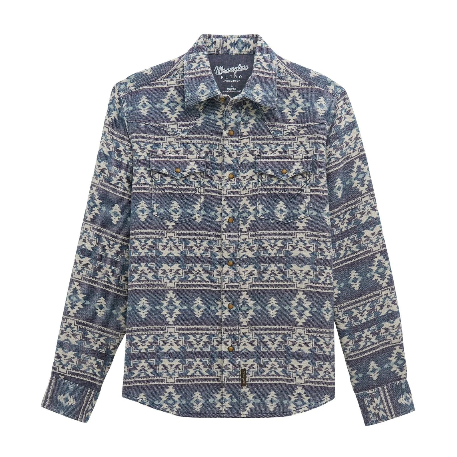 A long-sleeve button-up shirt by Wrangler featuring a blue, beige, and white geometric southwestern pattern, displayed on a clean white background.