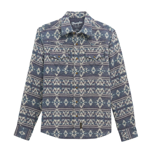A long-sleeve button-up shirt by Wrangler featuring a blue, beige, and white geometric southwestern pattern, displayed on a clean white background.