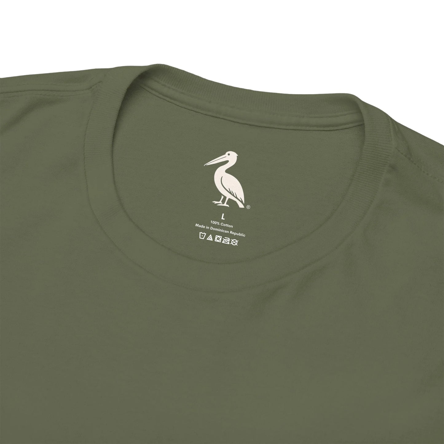 Black t-shirt with a brand logo and text on the collar area against a white background