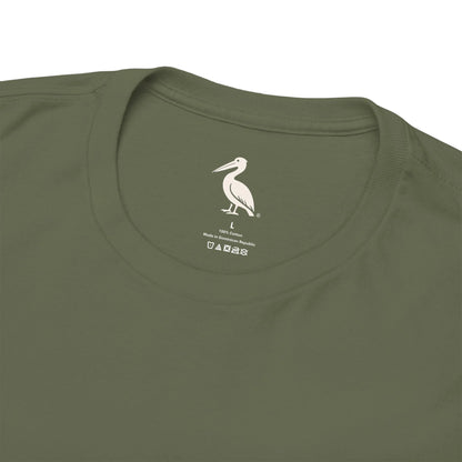 Black t-shirt with a brand logo and text on the collar area against a white background