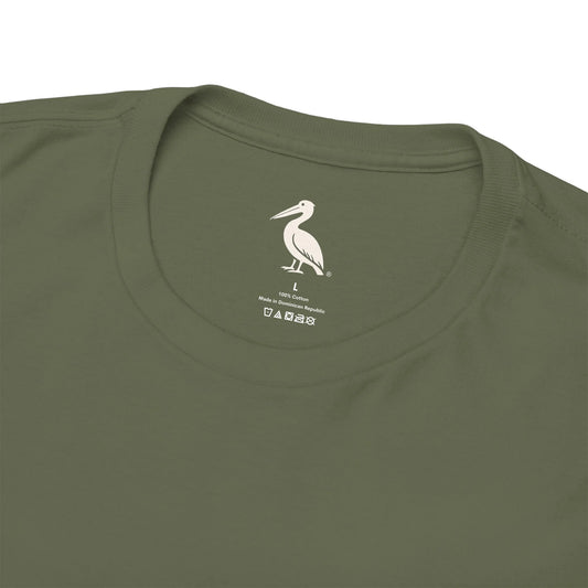 Black t-shirt with a brand logo and text on the collar area against a white background