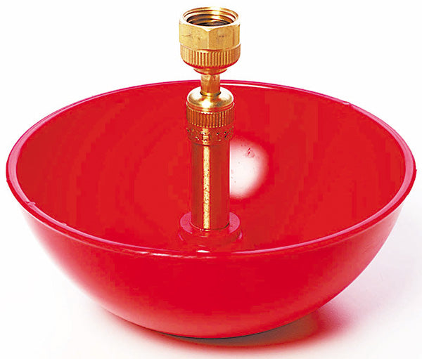 Red bowl with a gold-colored nozzle on a white background
