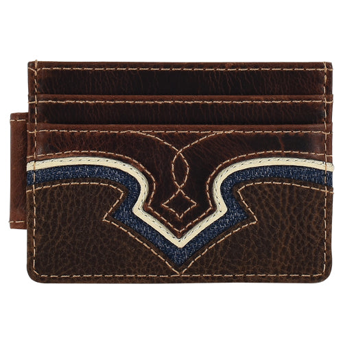 Brown leather cardholder with decorative stitching on a white background