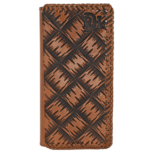 Brown leather wallet with embossed pattern and 'DL' logo on a white background