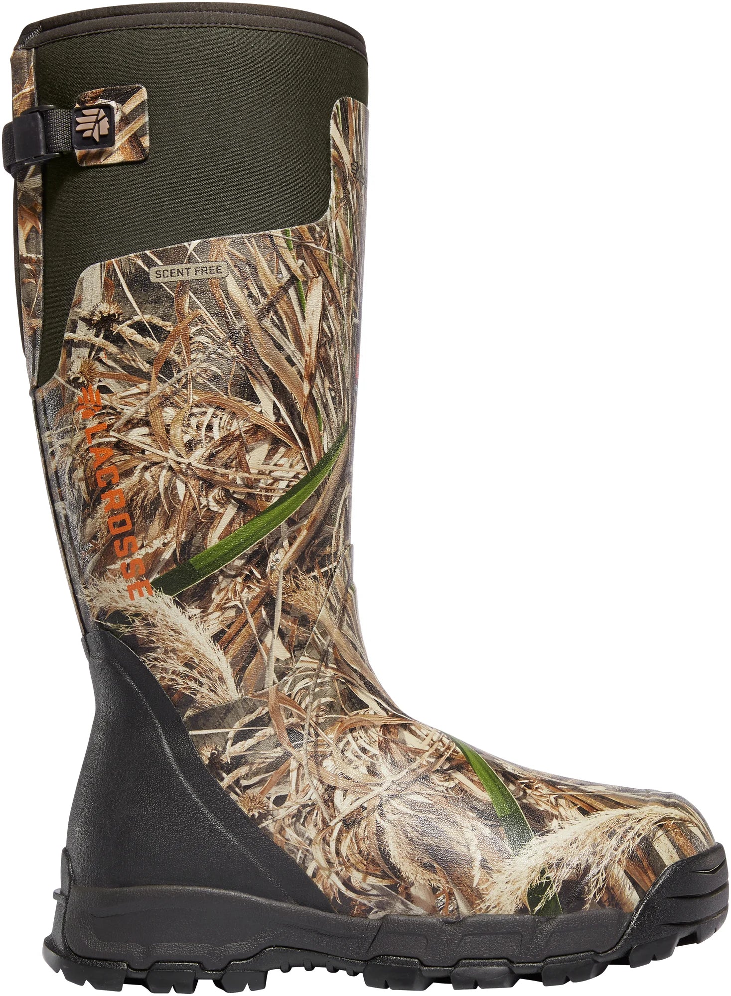 Camouflage hunting boot with brand logo on a white background