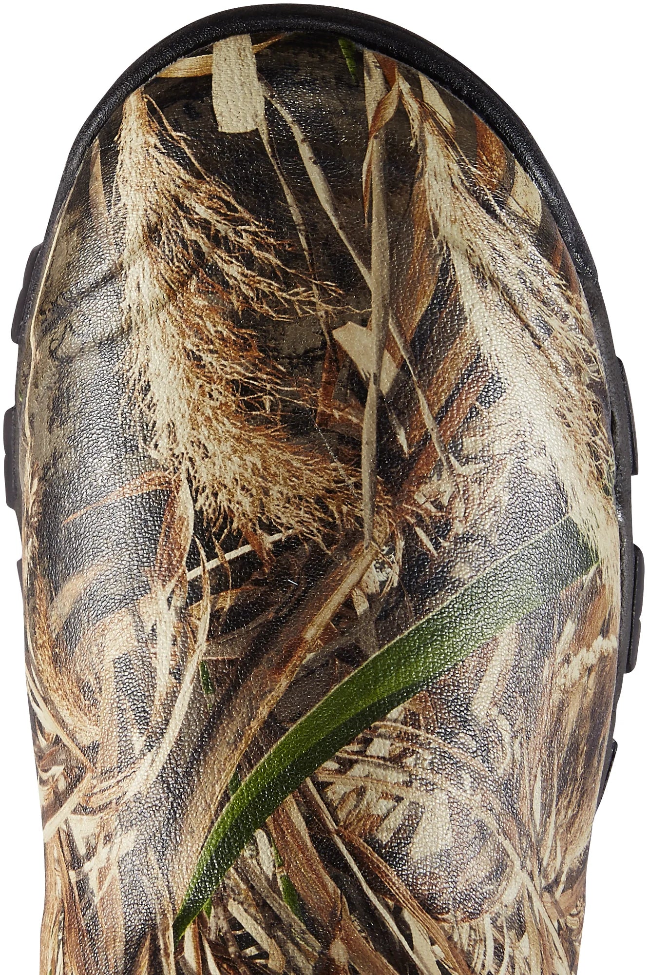 Camouflage-patterned shoe with a green leaf detail on a white background