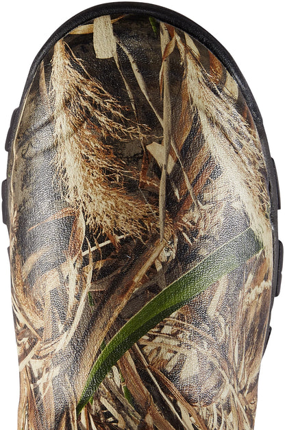 Camouflage-patterned shoe with a green leaf detail on a white background