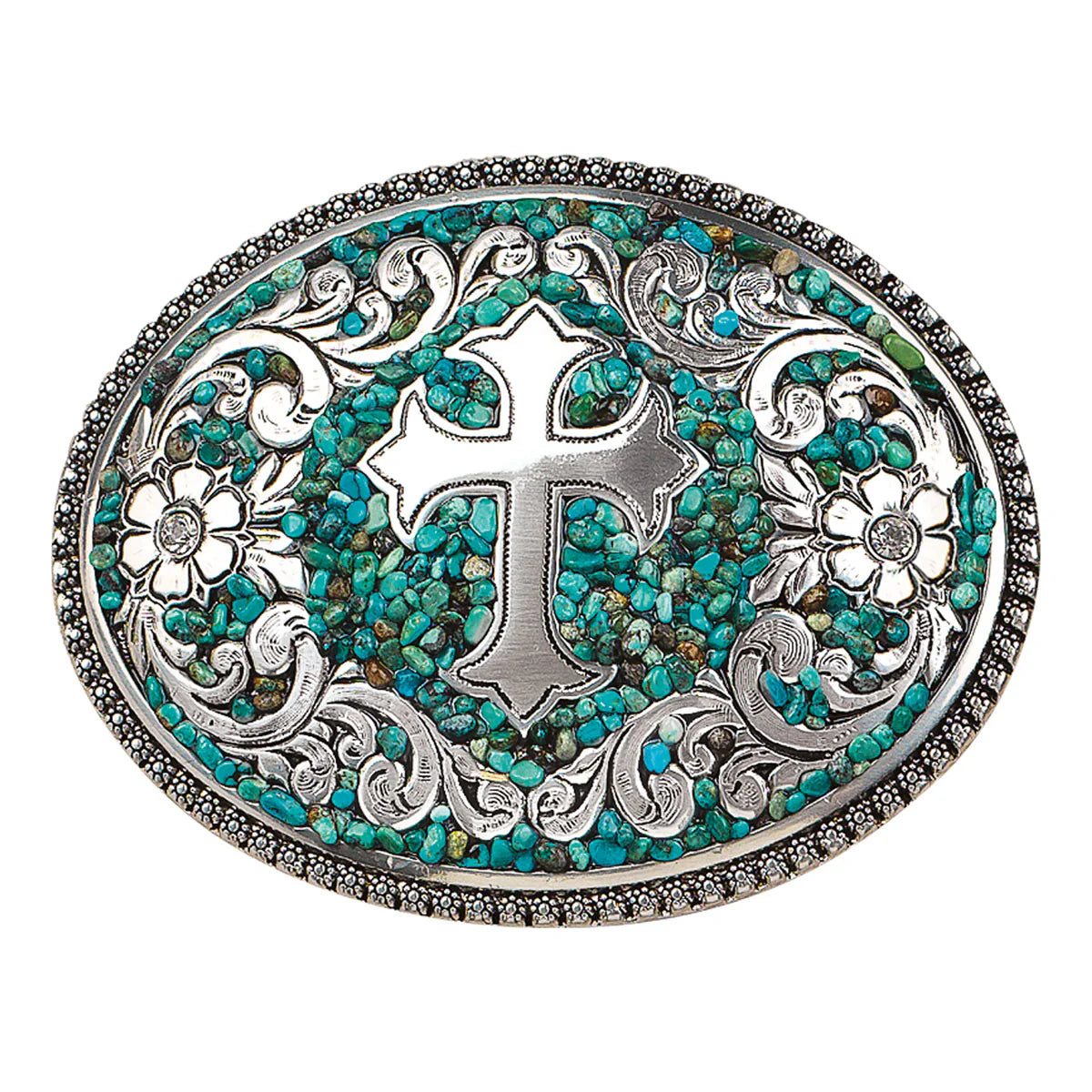 OVAL BUCKLE TURQ STONE W/CROSS