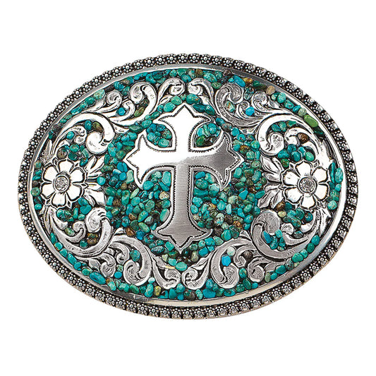 OVAL BUCKLE TURQ STONE W/CROSS