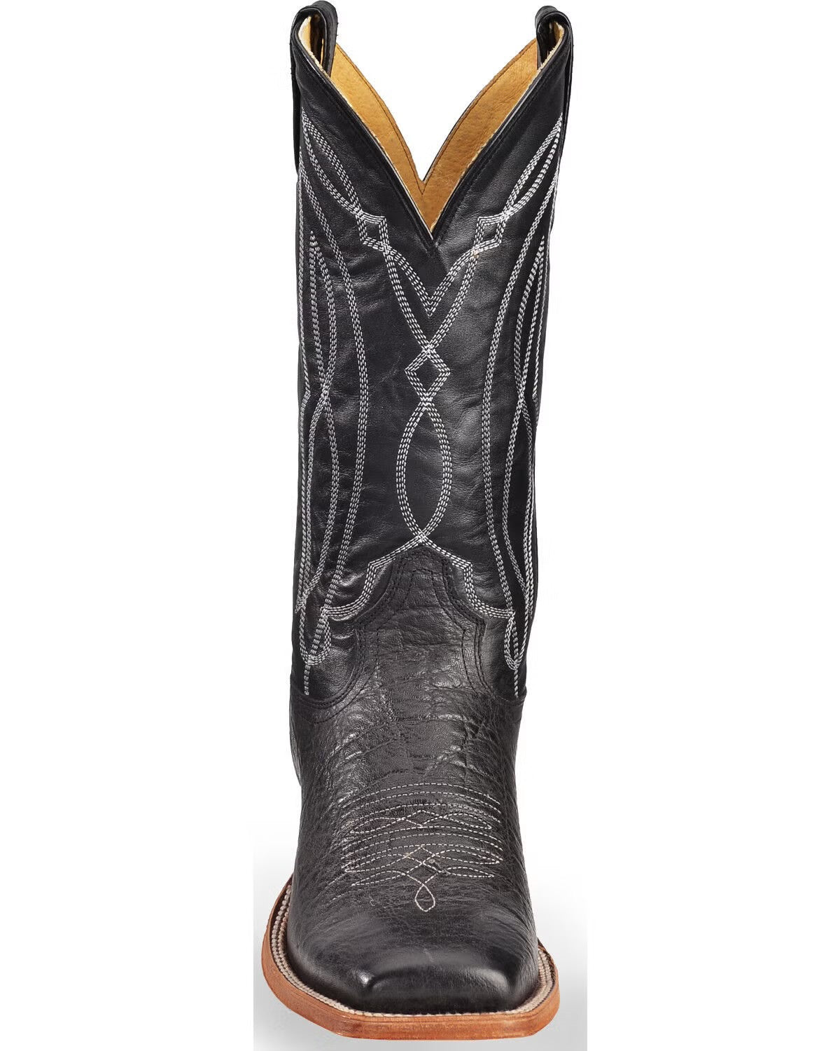 Black leather western cowboy boot with white decorative stitching, square toe, and brown sole