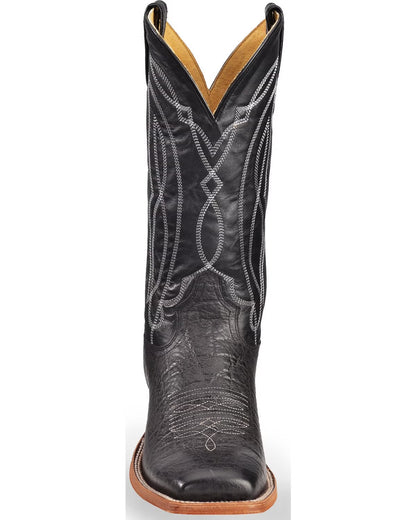 Black leather western cowboy boot with white decorative stitching, square toe, and brown sole