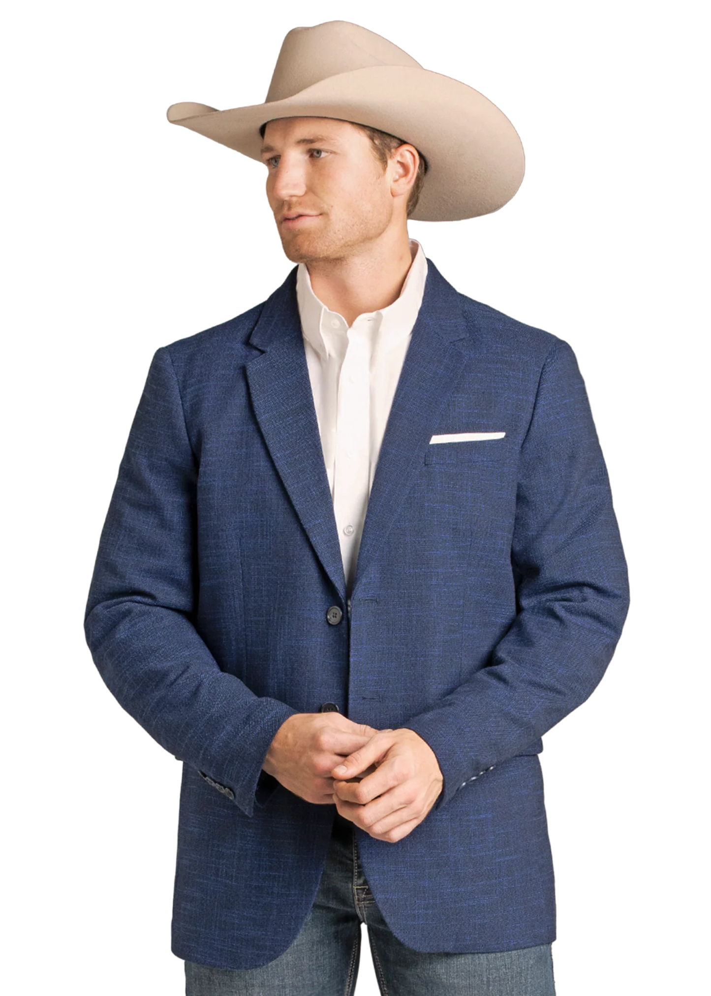 A man wearing a blue textured blazer, white dress shirt, and a beige cowboy hat, photographed against a plain white background.
