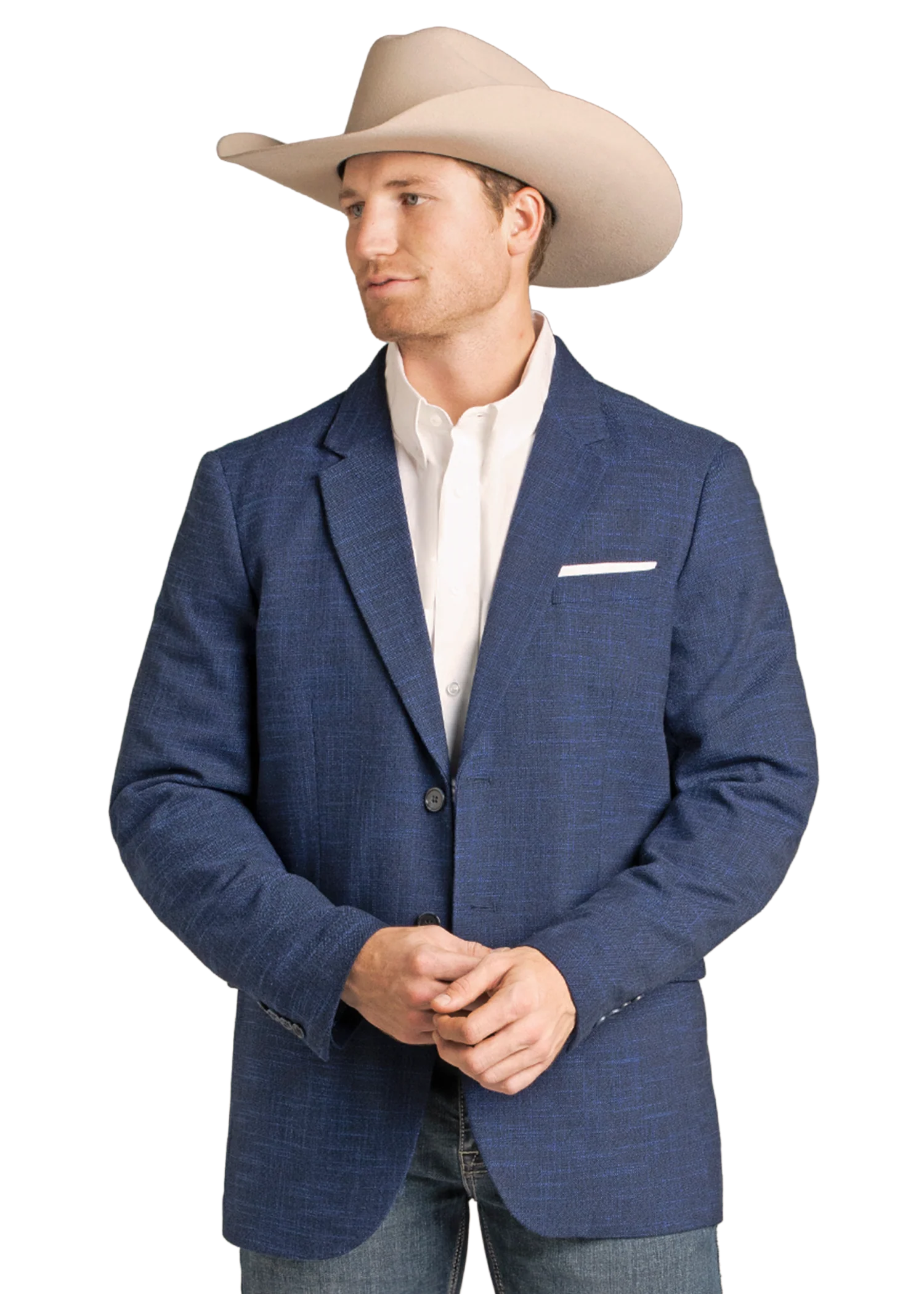A man wearing a blue textured blazer, white dress shirt, and a beige cowboy hat, photographed against a plain white background.
