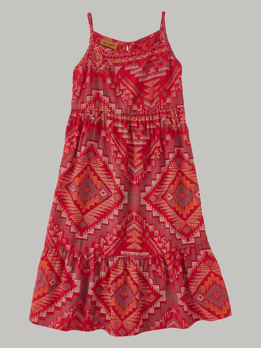 Red sleeveless sundress with geometric aztec patterns and elastic waist on a gray background.