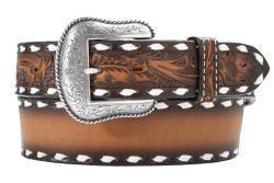 Brown tooled leather men's belt with engraved silver buckle and white stitched edges