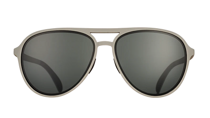 Aviator sunglasses with metallic frame and dark lenses on a white background