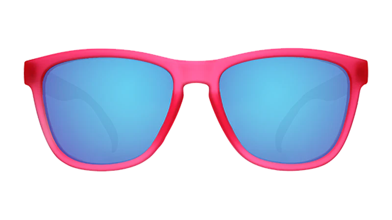 Sunglasses with pink frame and blue lenses on a white background