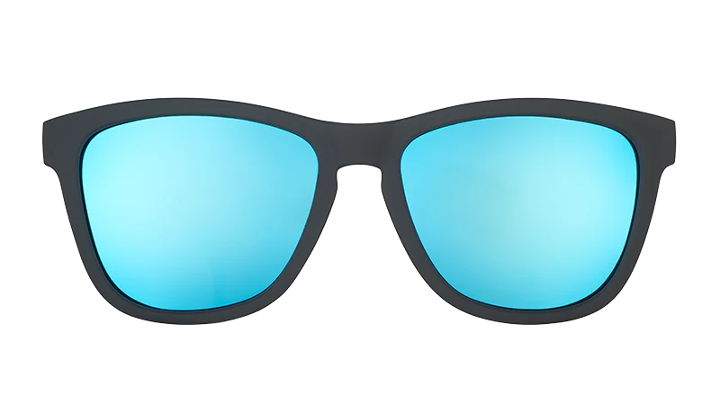 Sunglasses with black frame and blue-tinted lenses on a white background